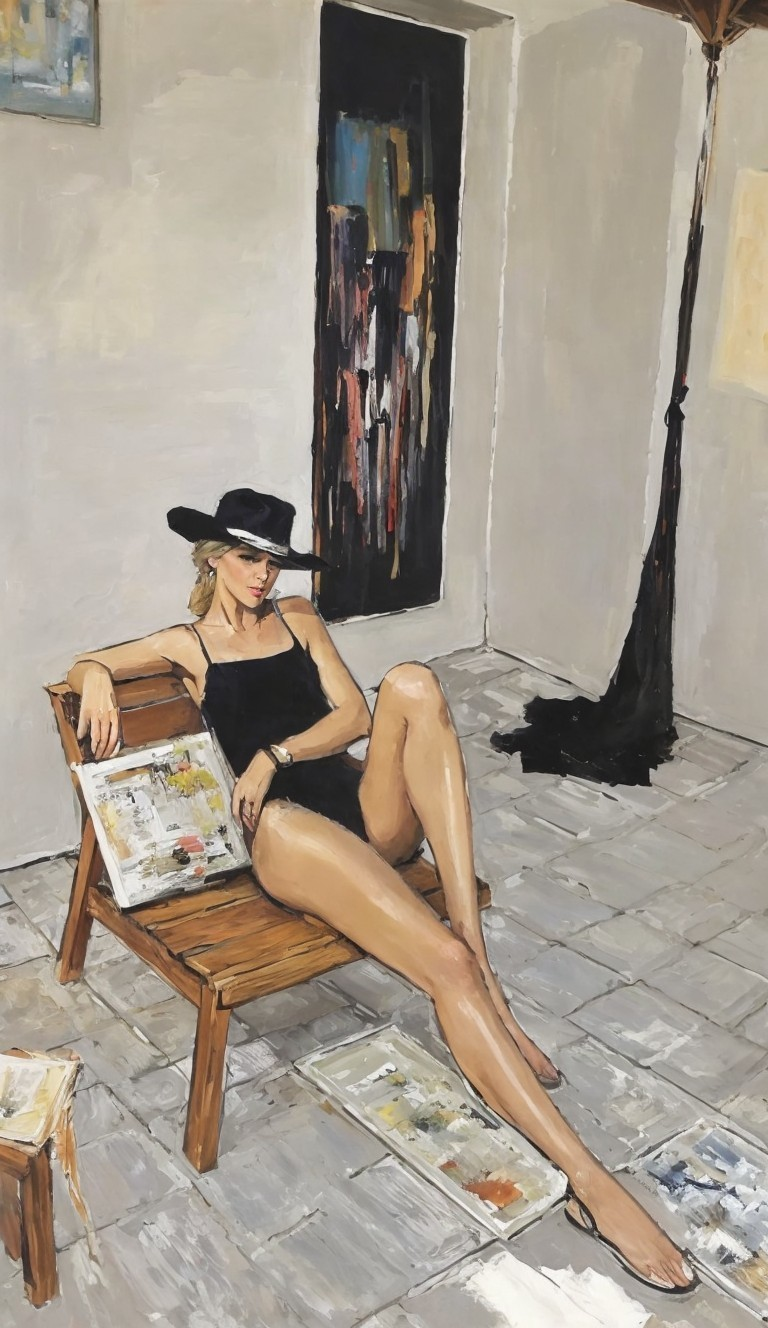 Stylish Woman in Black Hat Lounging in Minimalist Room