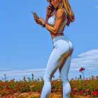 Stylish woman in white jumpsuit against blue sky