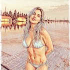 Vintage Illustration of Young Woman on Seaside Boardwalk