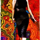 Elegant figure in black dress with geometric backdrop