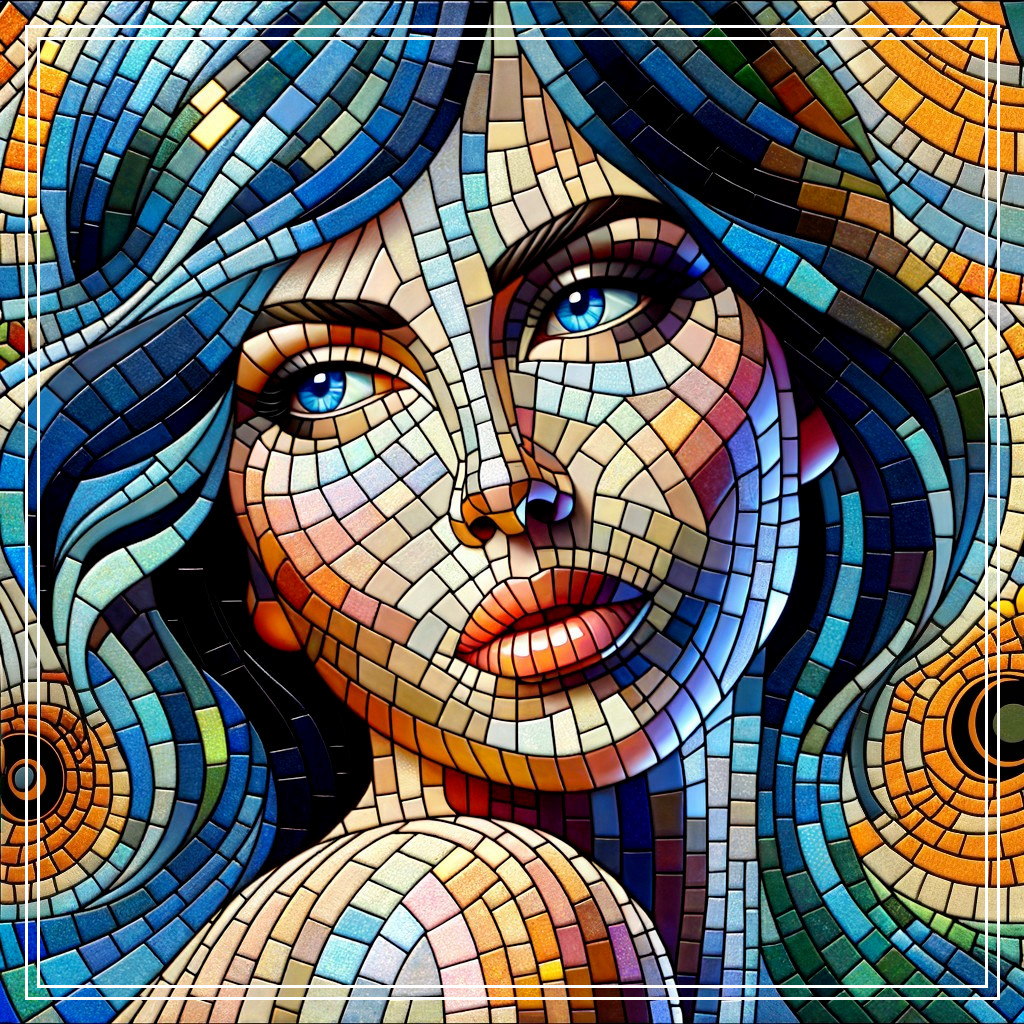 Mosaic portrait of a woman with blue hair and eyes