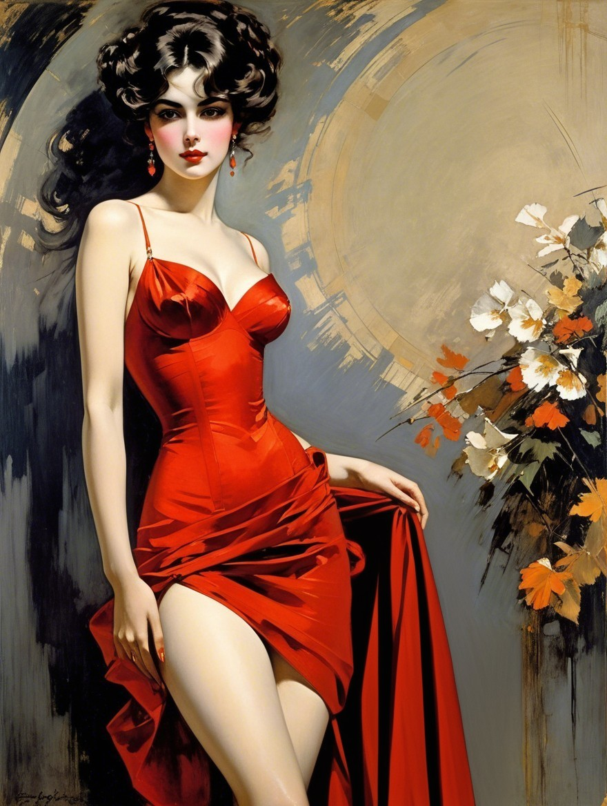 Glamorous Woman in Red Dress with Elegant Backdrop