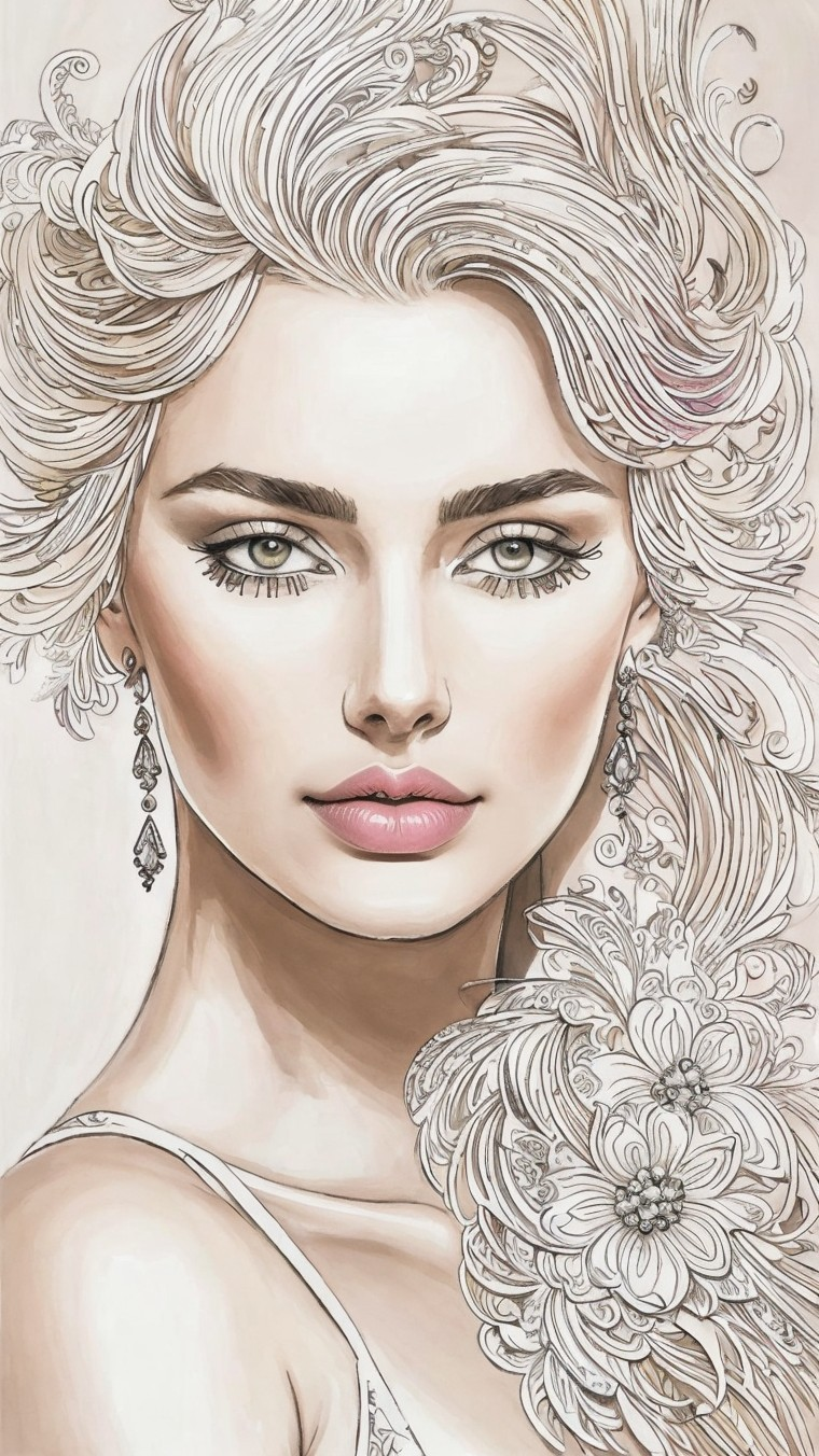 Illustrated Portrait of a Woman with Floral Hair