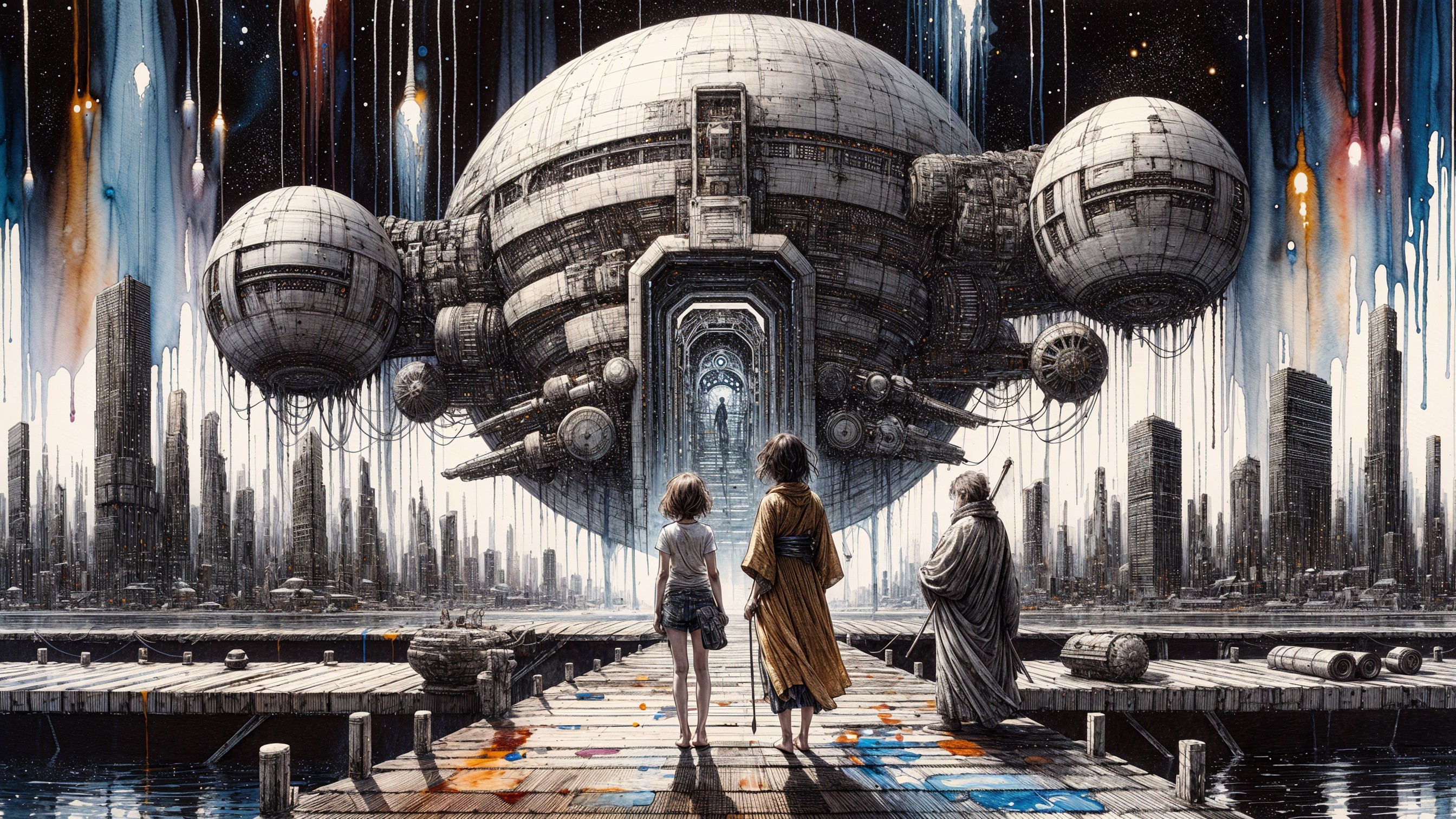 Futuristic Landscape with Spacecraft and Awe-Inspiring Figures