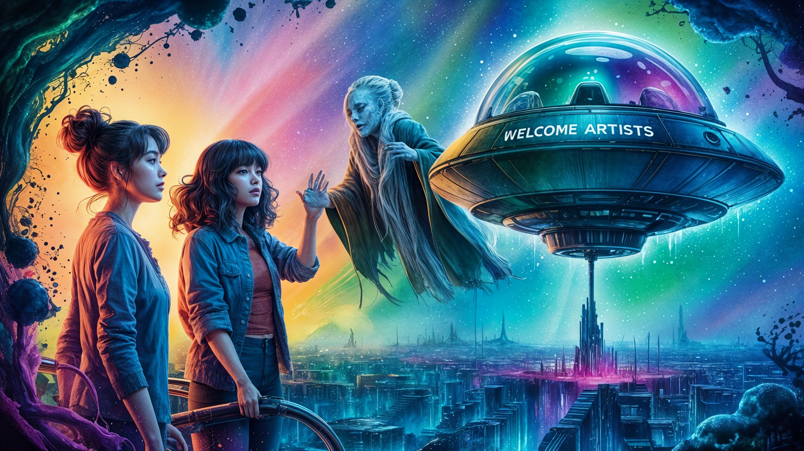 Otherworldly Scene with Women and Futuristic Spaceship