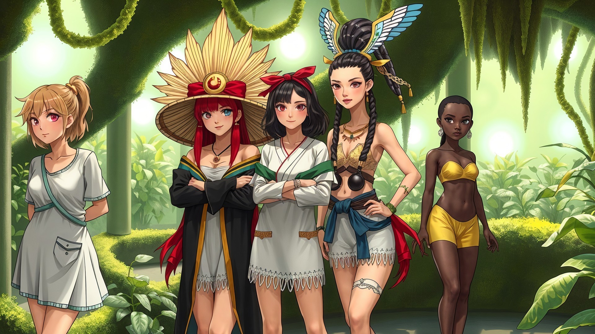 Diverse Characters in a Lush Green Environment