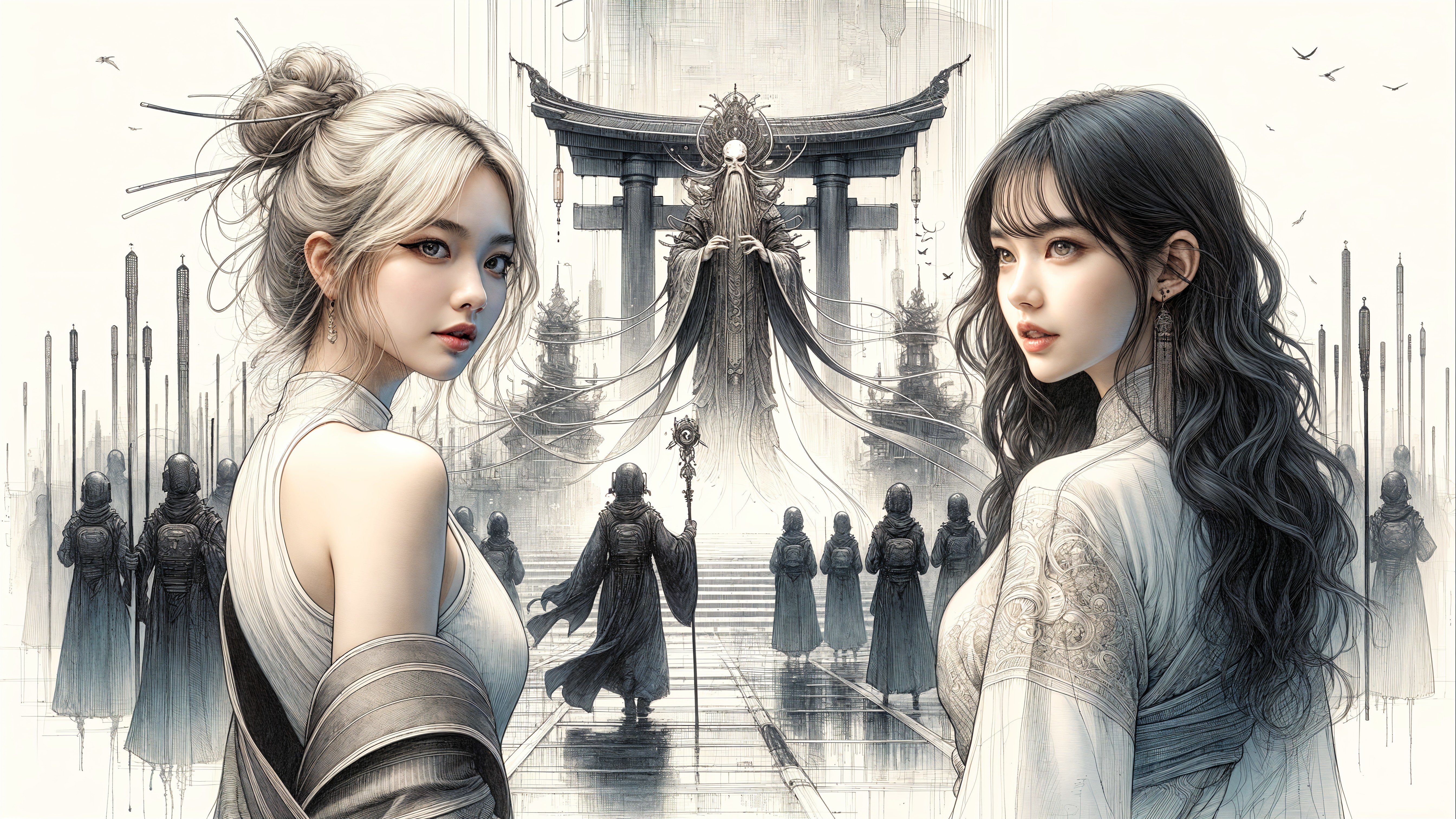 Ethereal Women in Elegant Attire by Mystical Temple