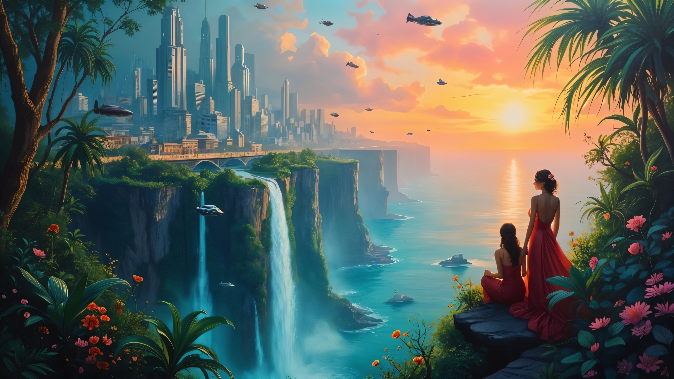 Elegant Figures by Waterfall in Futuristic Landscape