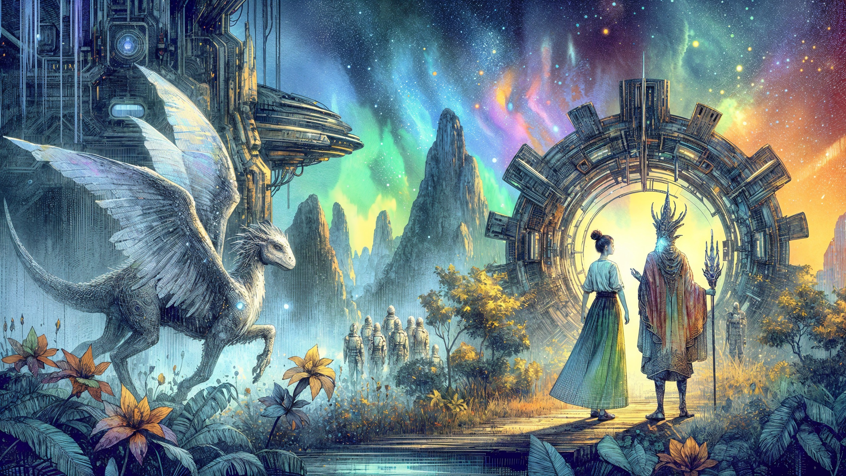 Woman and mythical figure before glowing portal in nature