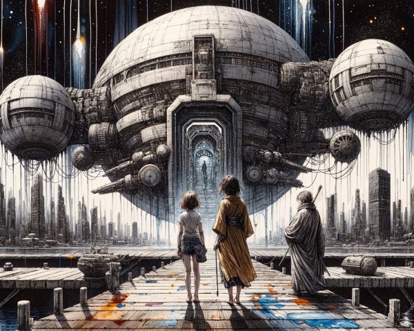 Futuristic Landscape with Spacecraft and Awe-Inspiring Figures