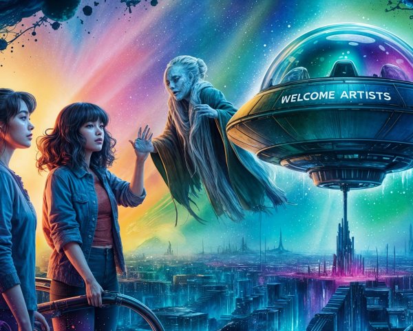 Otherworldly Scene with Women and Futuristic Spaceship