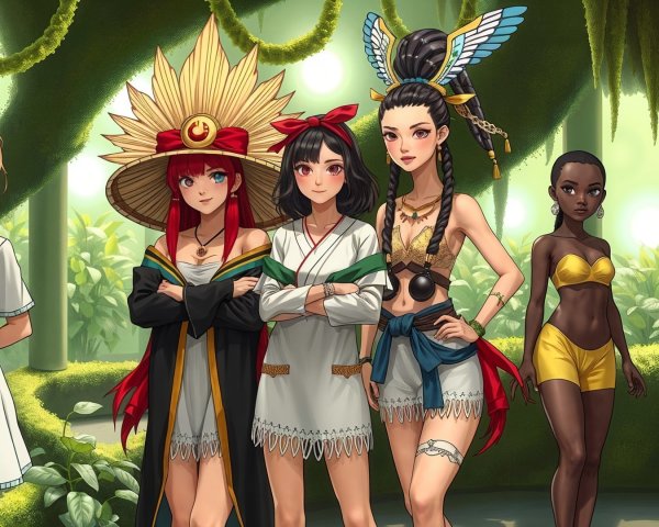 Diverse Characters in a Lush Green Environment
