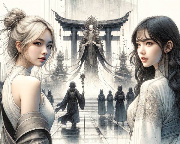 Ethereal Women in Elegant Attire by Mystical Temple