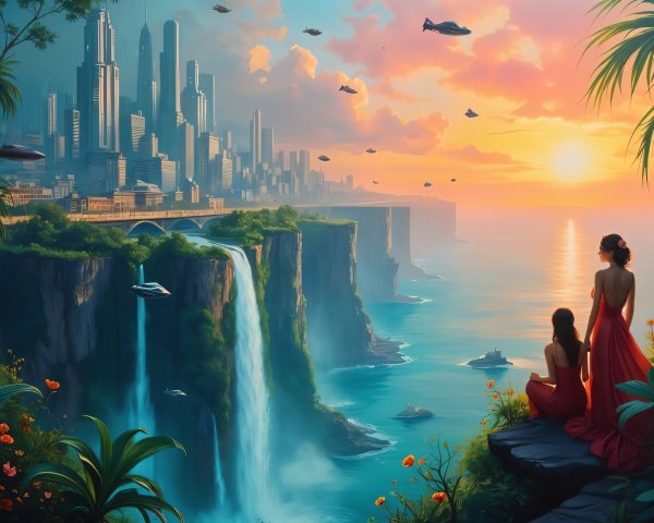 Elegant Figures by Waterfall in Futuristic Landscape