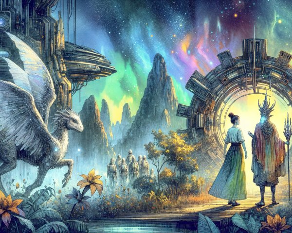 Woman and mythical figure before glowing portal in nature