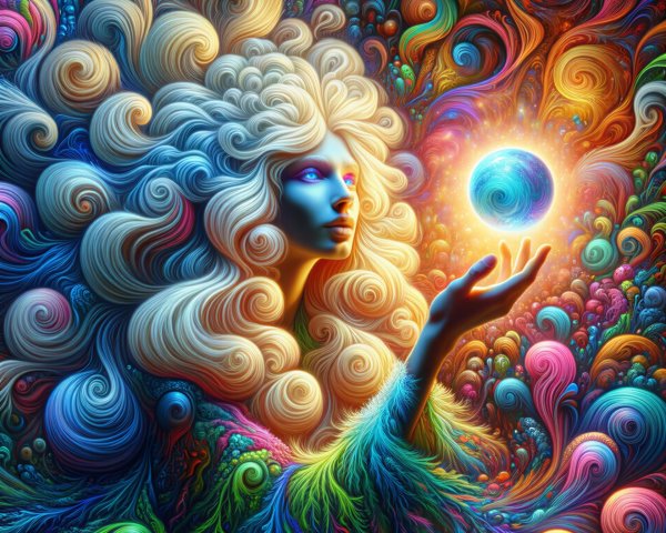 Fantastical figure with colorful hair and radiant light