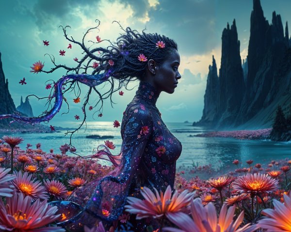 Woman in Pink Flowers with Mountains and Water