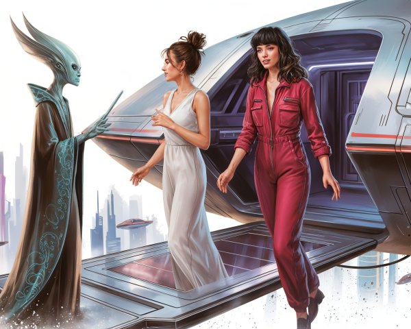 Futuristic Scene with Alien, Spacecraft, and Cityscape