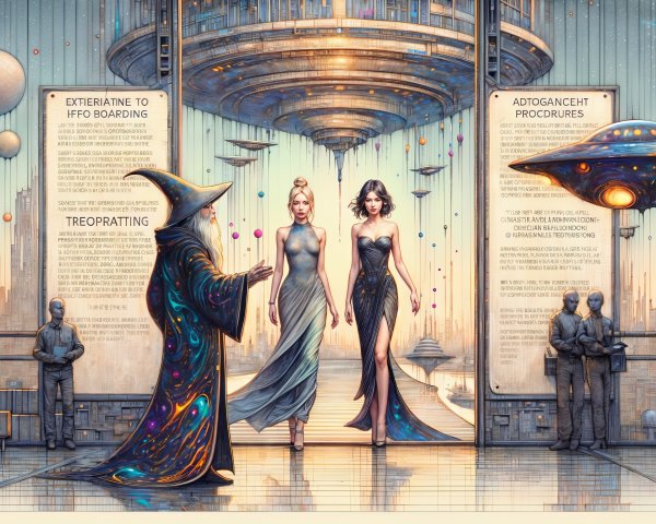Futuristic Scene with Women and Hovering Structure