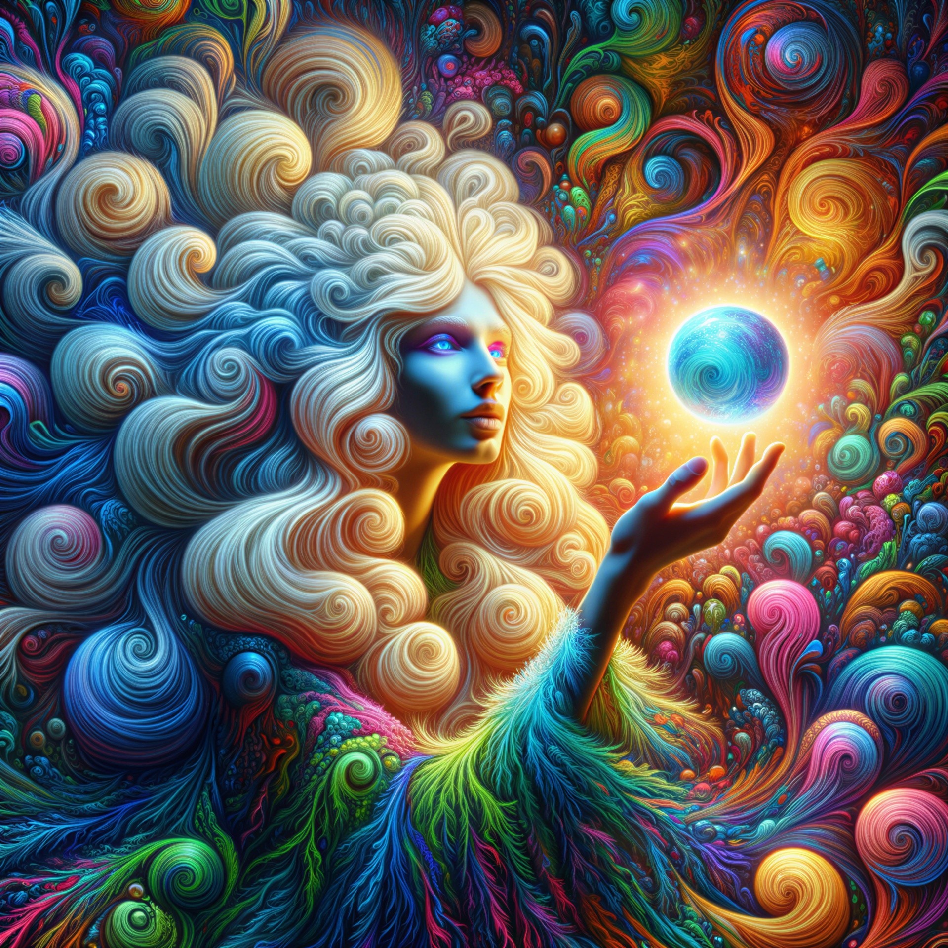 Fantastical figure with colorful hair and radiant light