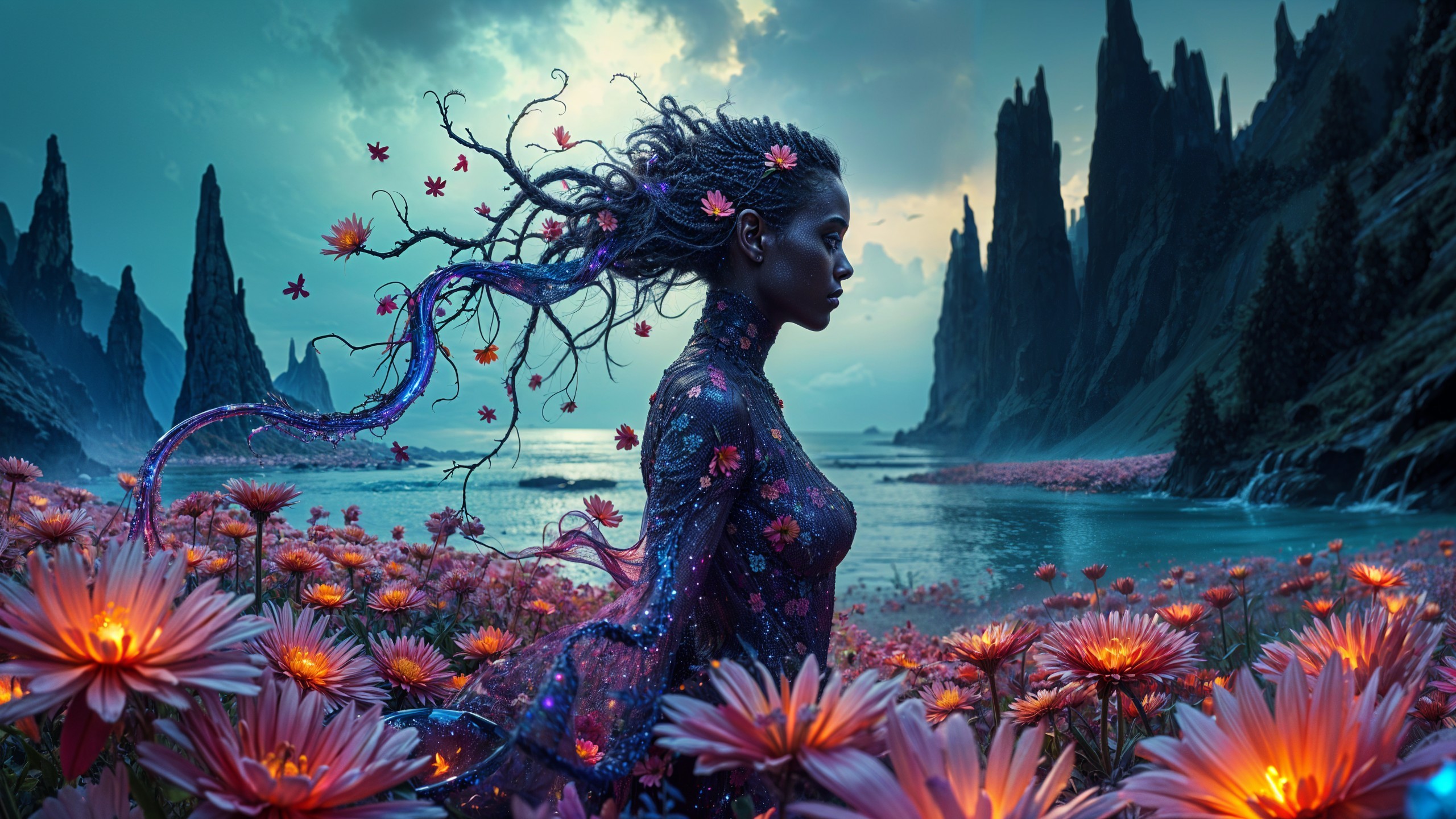 Woman in Pink Flowers with Mountains and Water