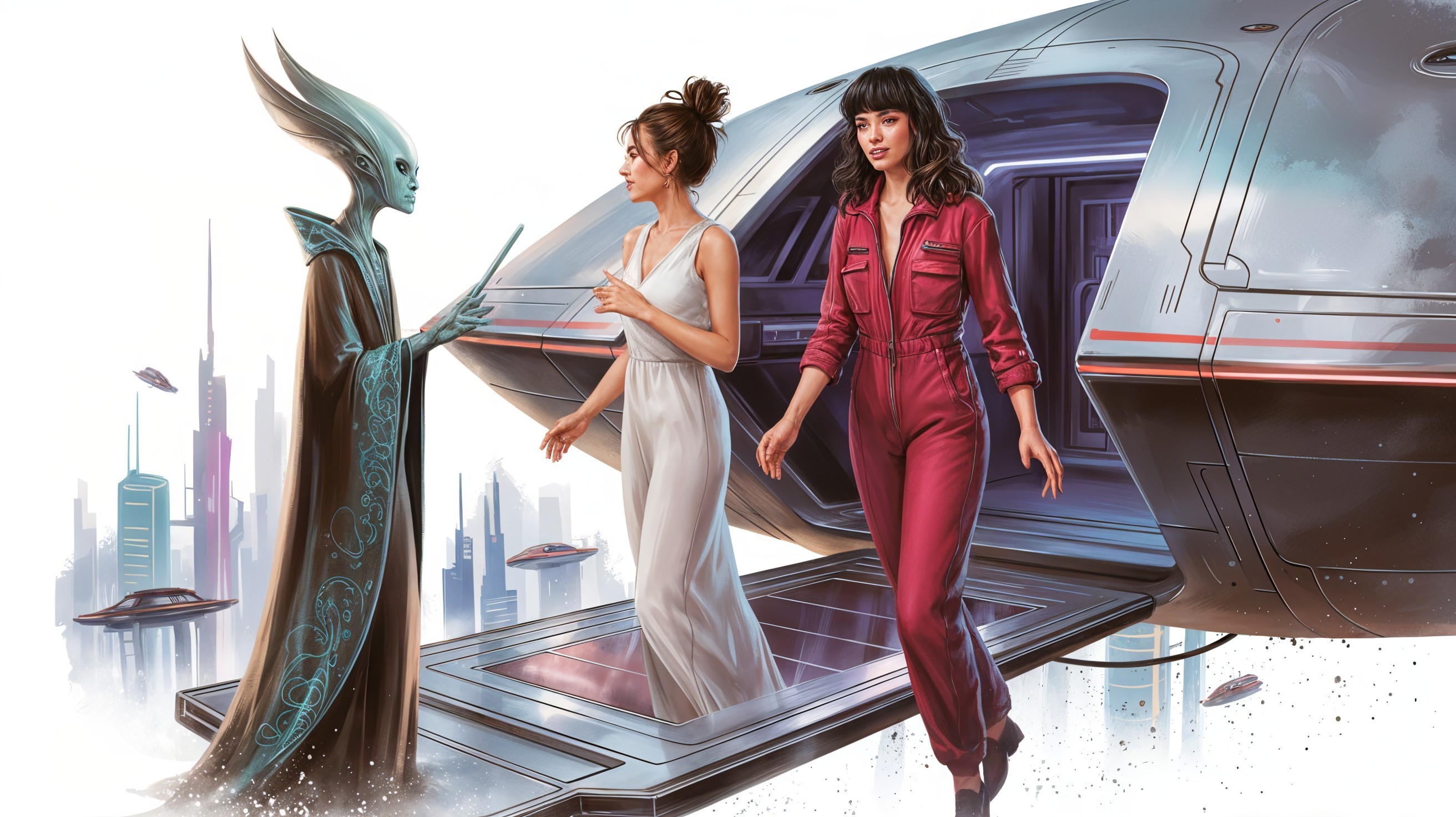 Futuristic Scene with Alien, Spacecraft, and Cityscape