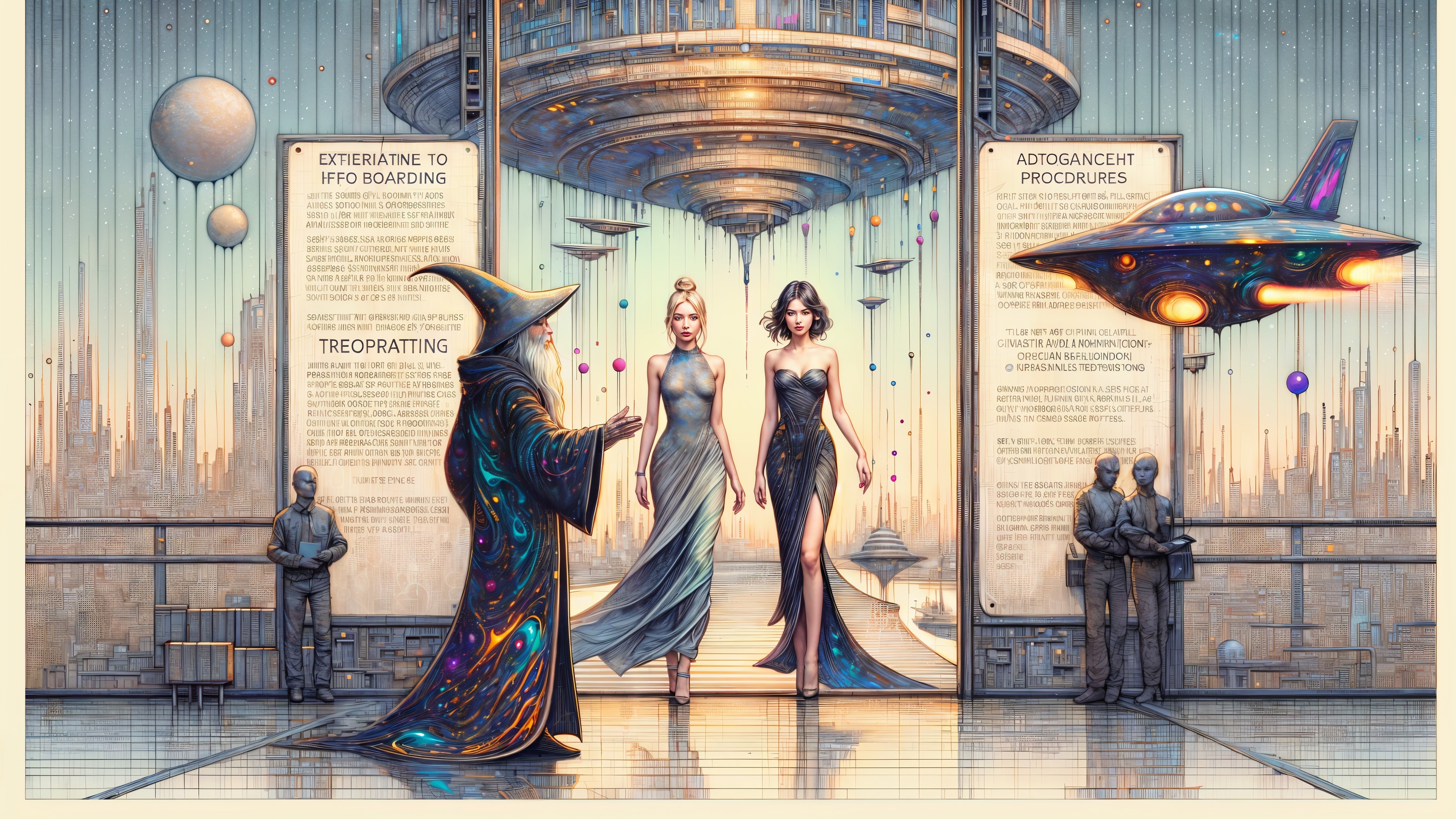 Futuristic Scene with Women and Hovering Structure