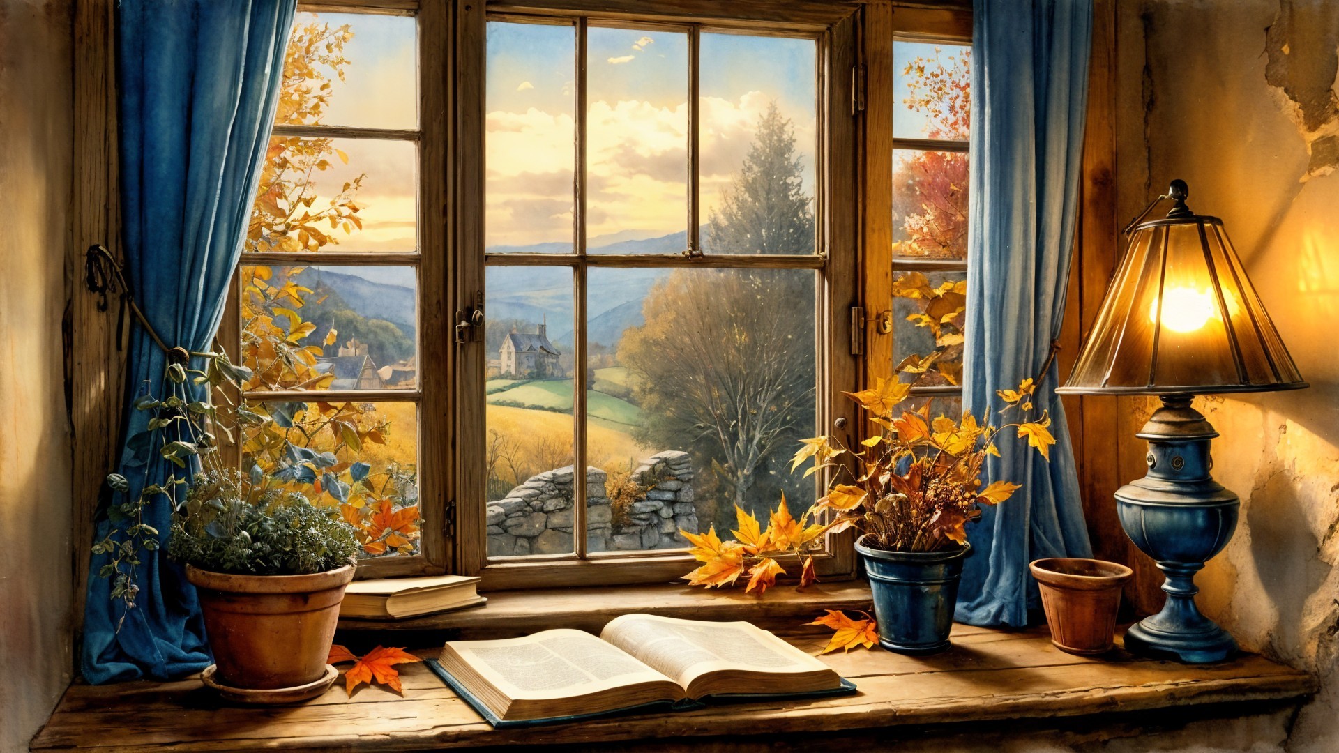 Cozy Window Scene with Autumn Landscape and Warm Light