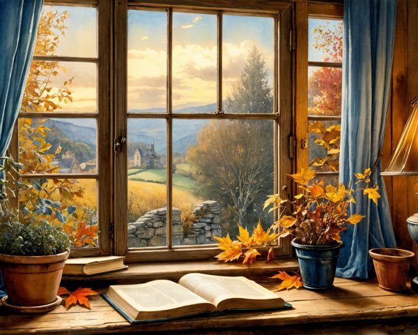 Cozy Window Scene with Autumn Landscape and Warm Light