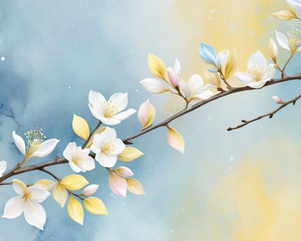 Blooming Flower Branch on Abstract Blue and Yellow Background