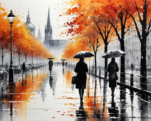 Urban Rainy Scene with Autumn Trees and Reflections