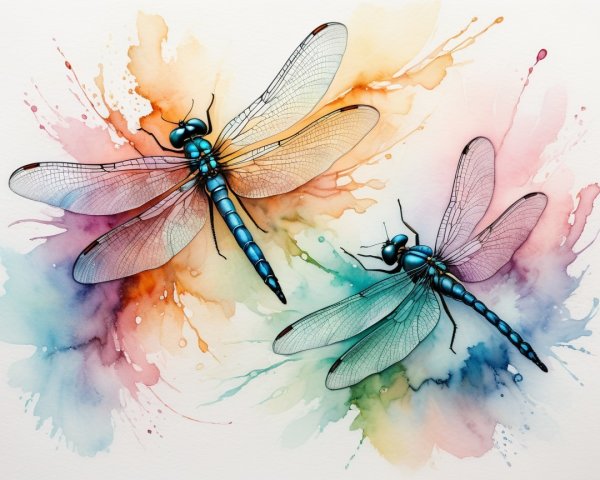 Vibrant Dragonflies in Mid-Flight with Watercolor Background