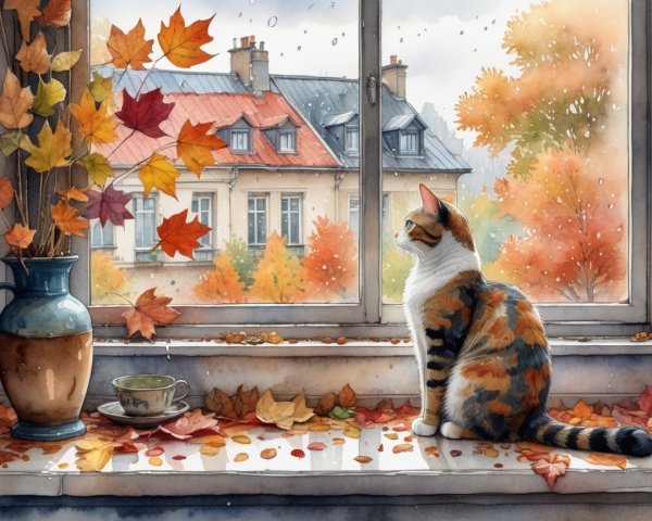 Cozy Indoor Scene with Calico Cat by Rainy Window