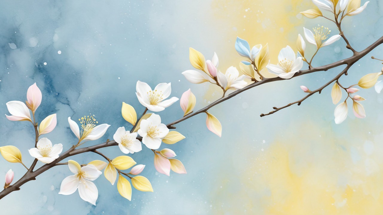 Blooming Flower Branch on Abstract Blue and Yellow Background