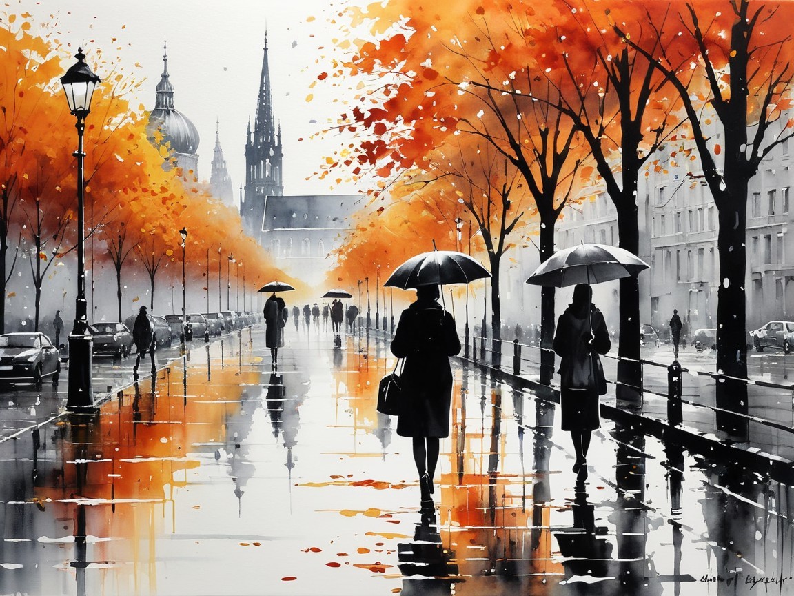 Urban Rainy Scene with Autumn Trees and Reflections