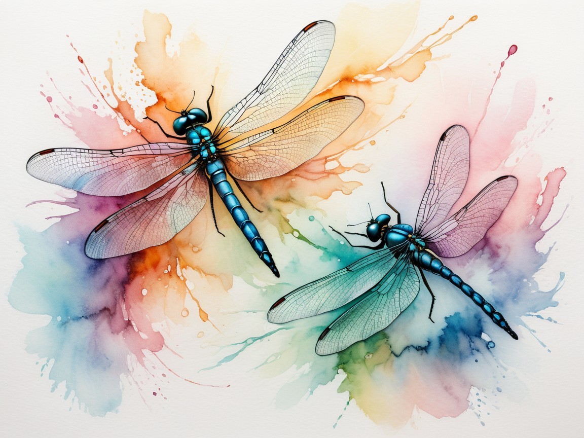 Vibrant Dragonflies in Mid-Flight with Watercolor Background