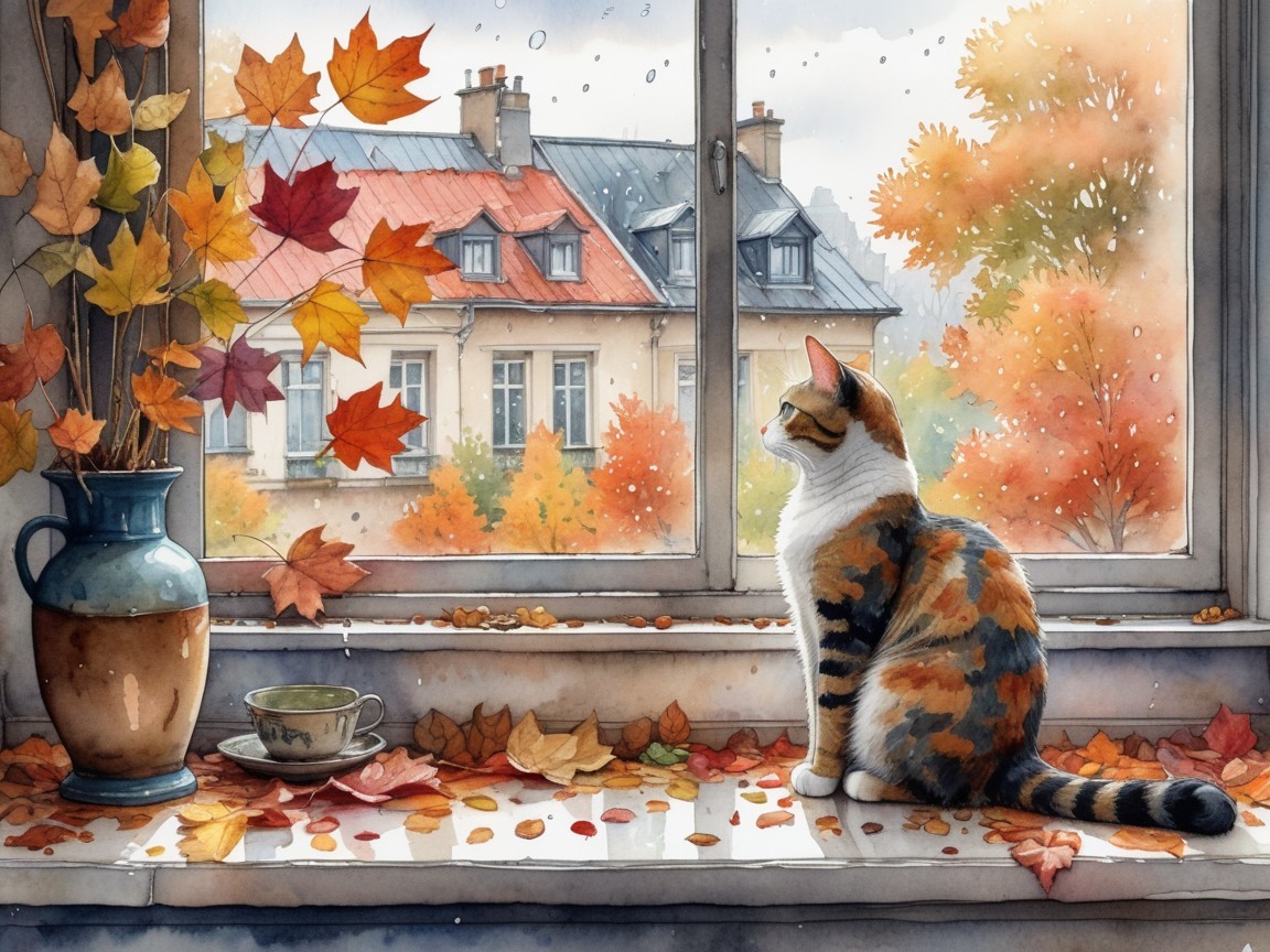 Cozy Indoor Scene with Calico Cat by Rainy Window