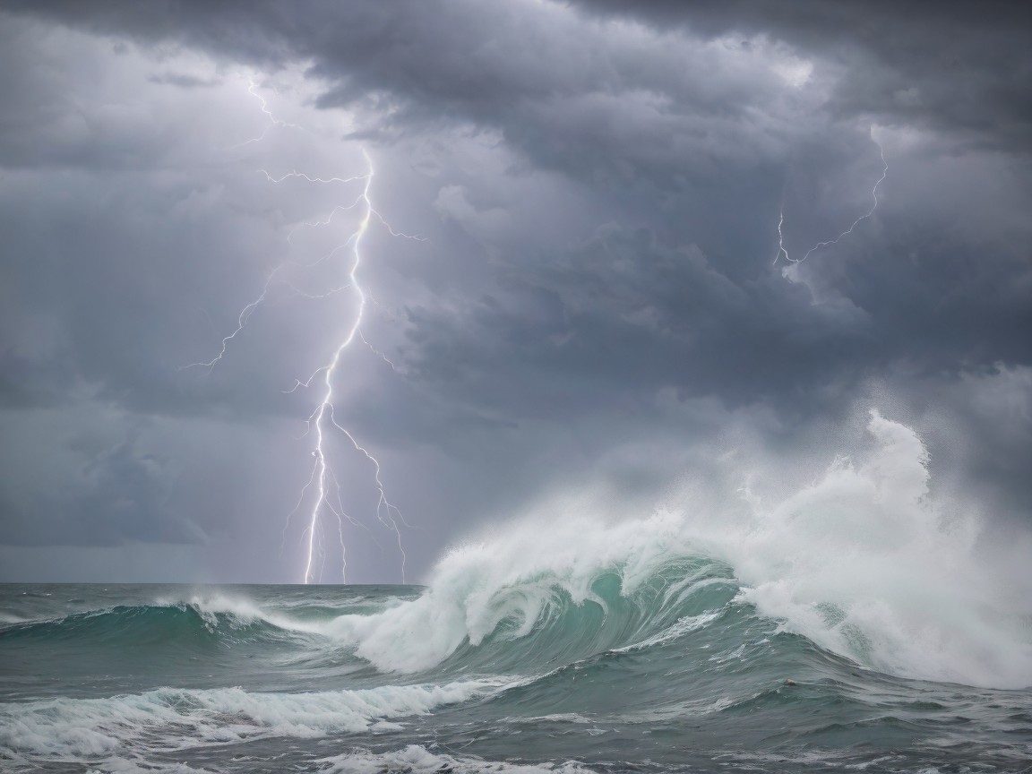 Dramatic Seascape of Tumultuous Waves and Stormy Sky