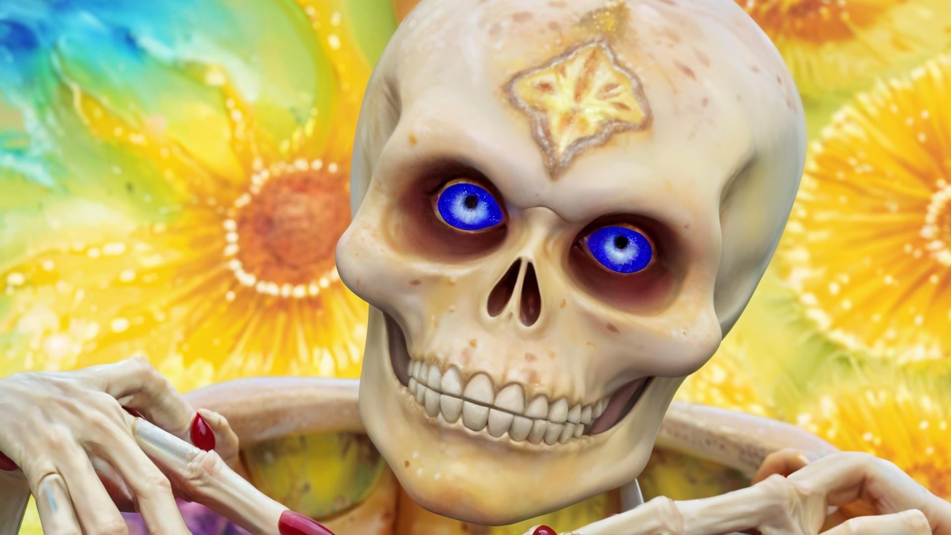 Whimsical Cartoon Skeleton with Colorful Background