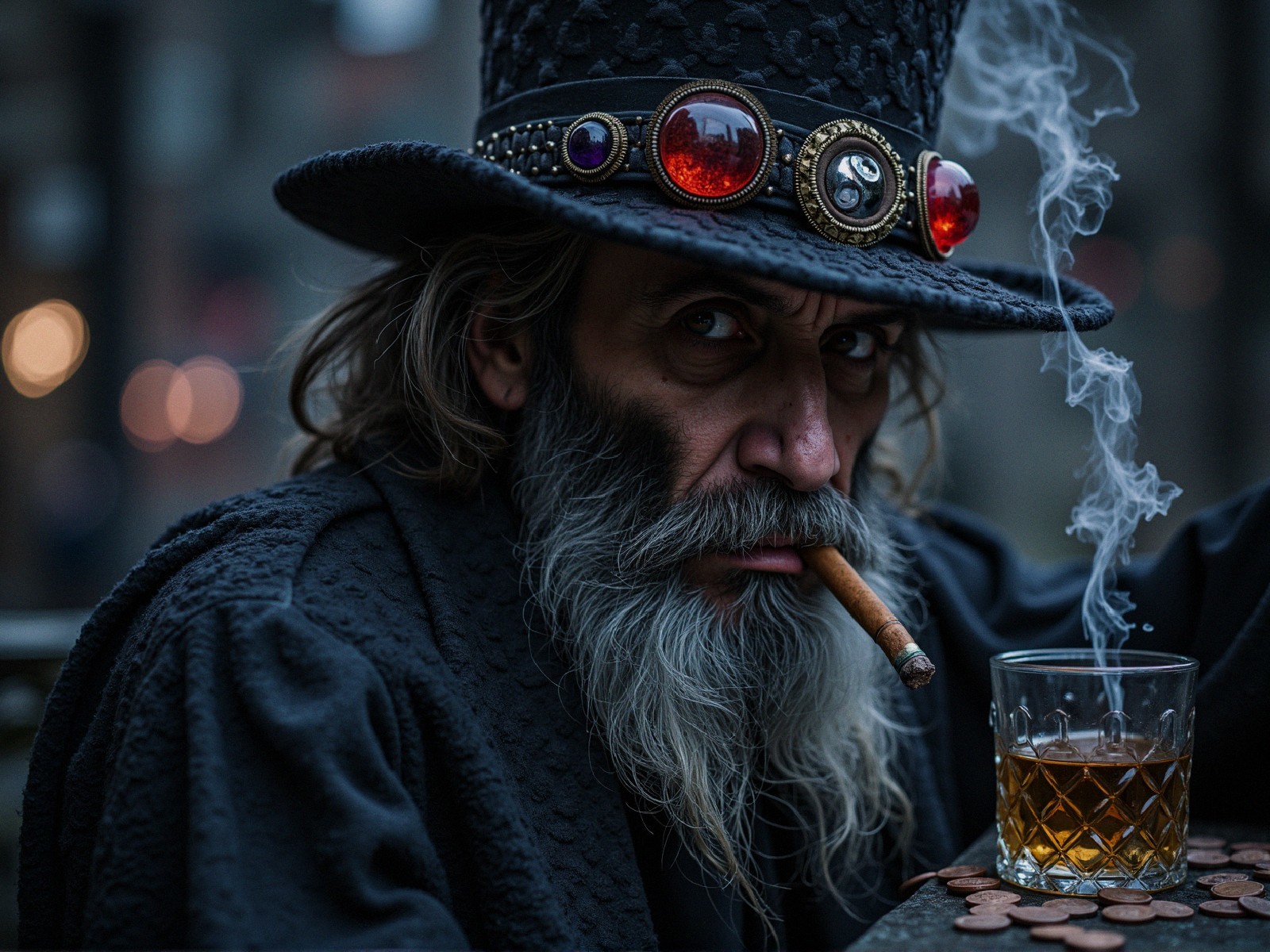 Rugged Man with Beard and Ornate Hat at Bar