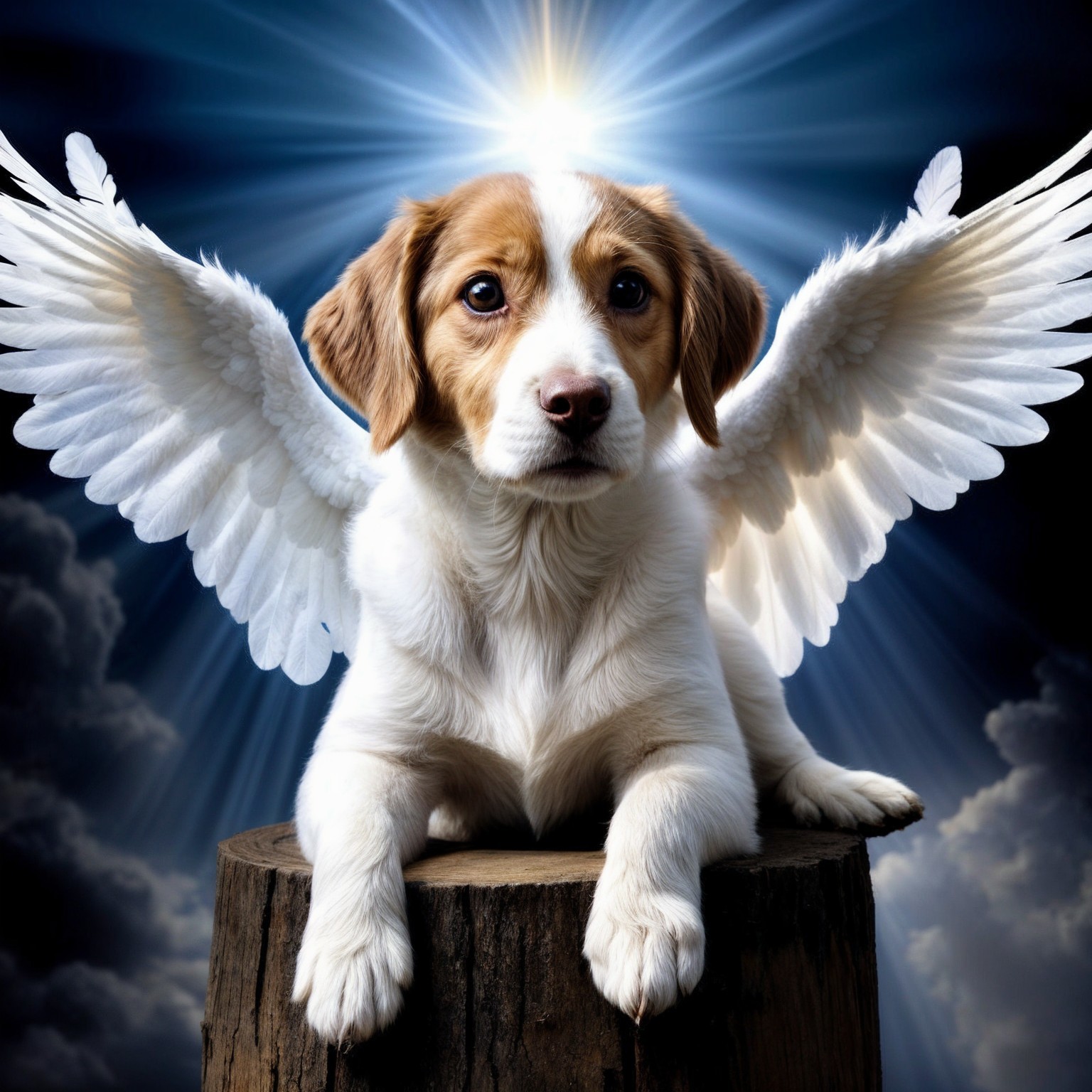Puppy with Wings on Log Under Dramatic Sky