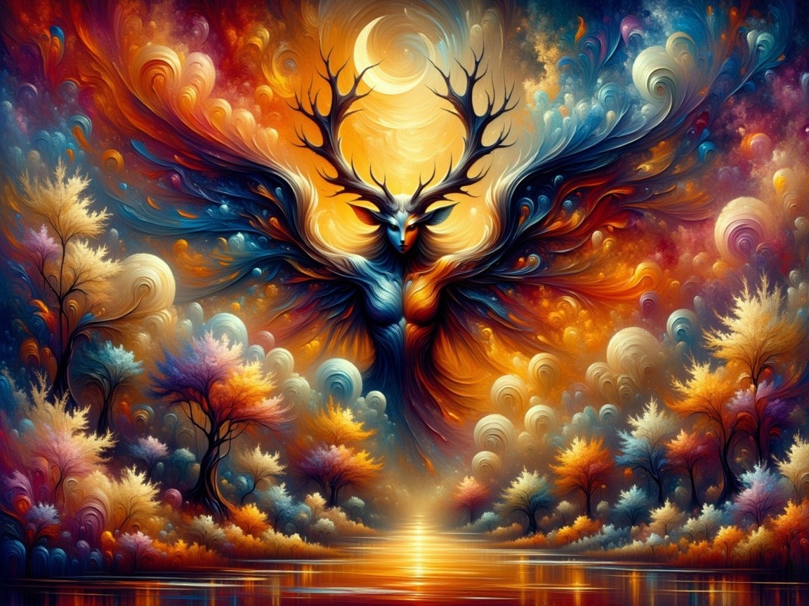 Surreal Stag Surrounded by Colorful Landscape