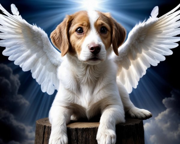 Puppy with Wings on Log Under Dramatic Sky