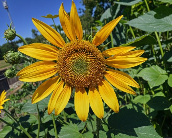 Vibrant Sunflower Against Blue Sky in Rural Setting