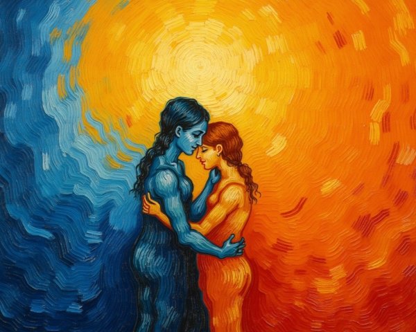 Abstract Embrace of Cool and Warm Figures