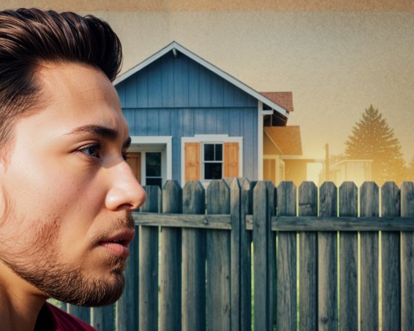 Young man in thought by rustic fence and blue house