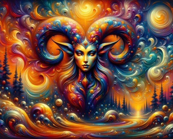 Mystical Figure with Ram Horns in Surreal Landscape