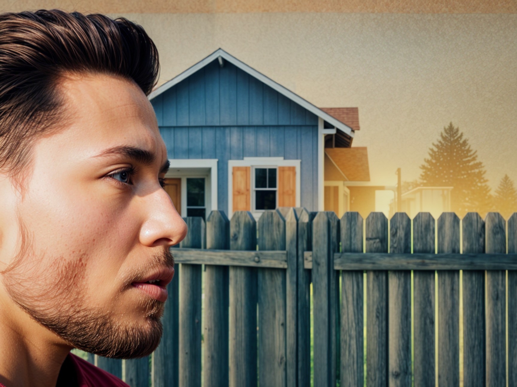 Young man in thought by rustic fence and blue house