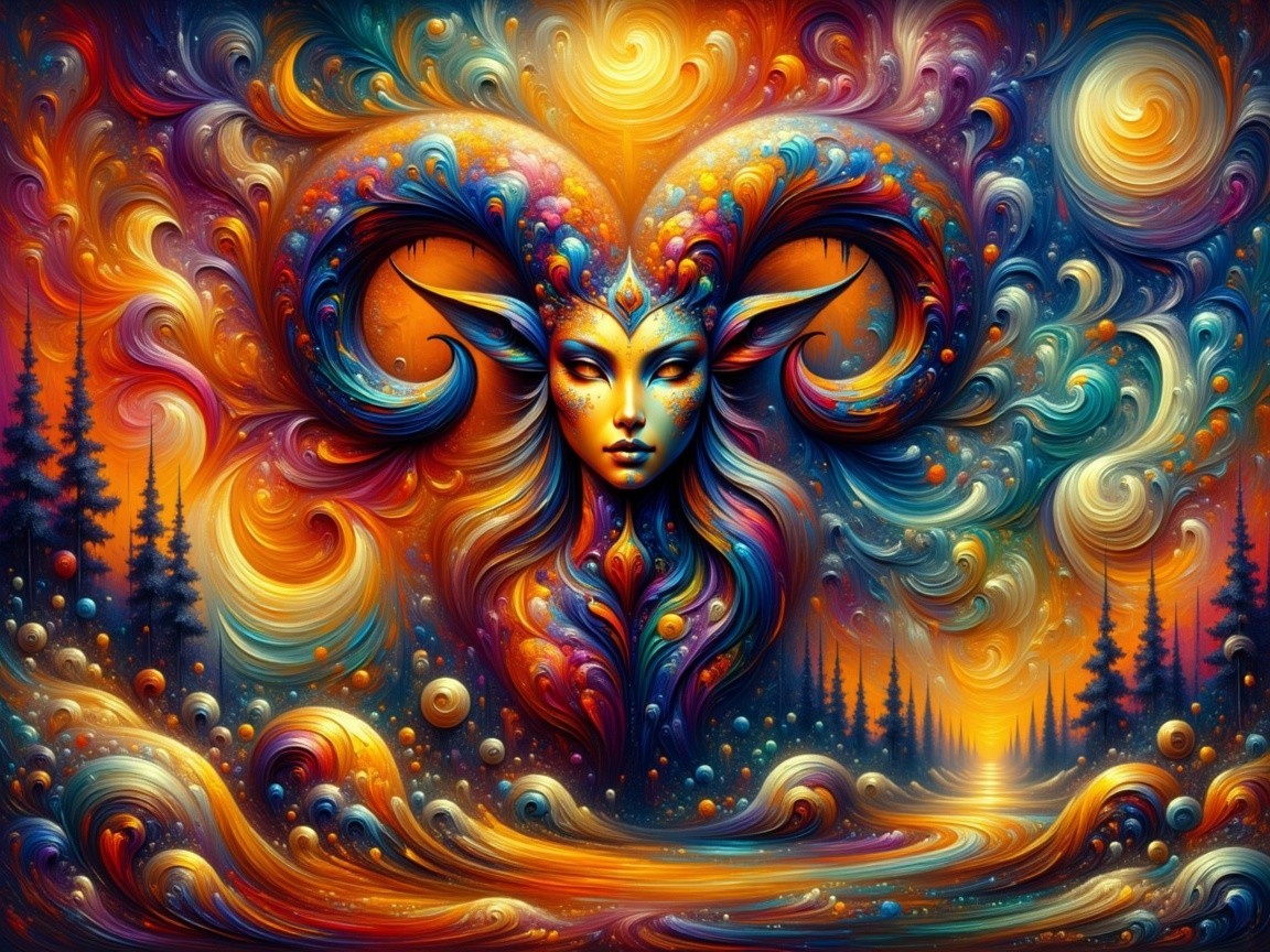 Mystical Figure with Ram Horns in Surreal Landscape