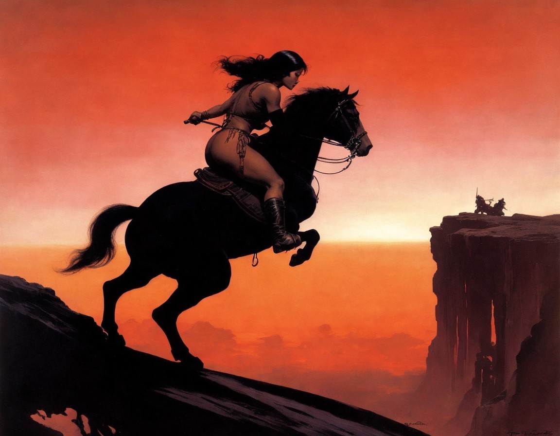 Warrior Woman on Black Horse Against Sunset Sky